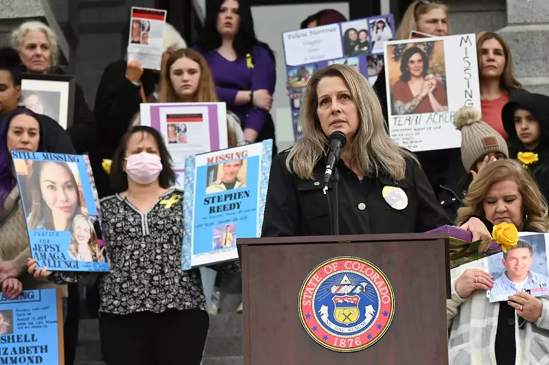 Image: Laura Saxton speaks on Colorado Missing Persons Day.