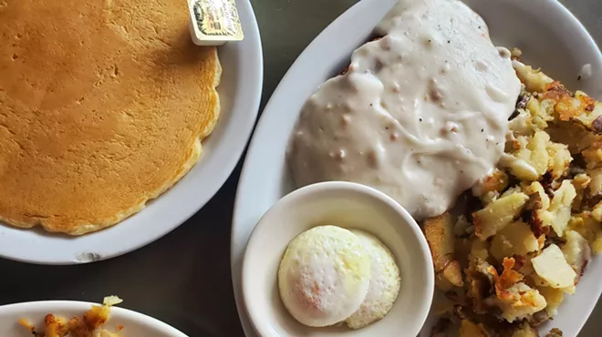 chicken-fried steak and pancakes.