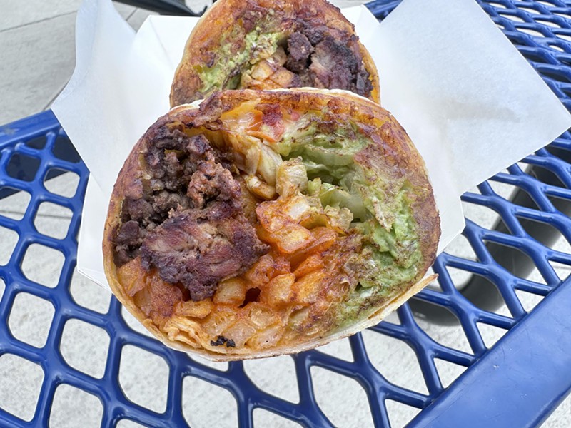 The California burrito stuffed with carne asada, crispy fries, pico de gallo, guacamole, sour cream and salsa.