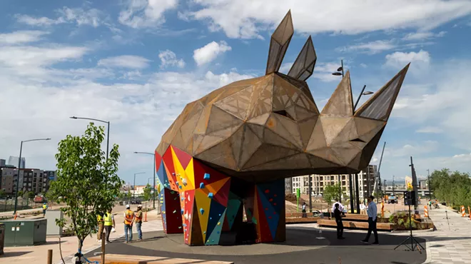 A large sculpture of a rhino