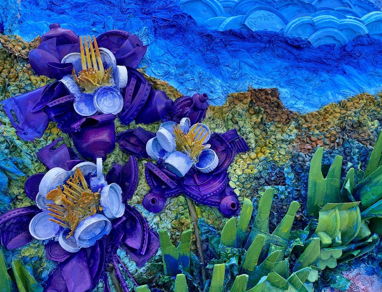 Christine Rose Curry, “Plastic Earth” (Detail of Columbines), 2023, plastic trash and acrylic paint on canvas.