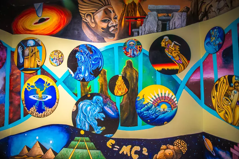 Image: Detail of "Indigenous Futurist Dreamscapes Lounge," a Meow Wolf installation by Stevon Lucero and Molina Speaks.
