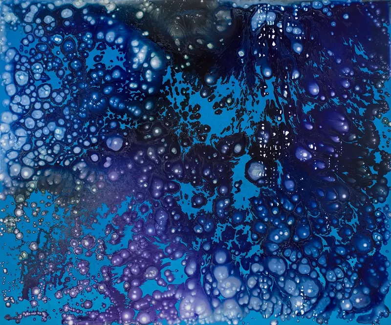 Image: Barbara Takenaga, “Floaters (blue/violet),” acrylic on linen.