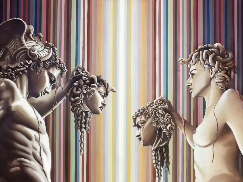 Image: Elizabeth Suriani, “Chromophobia: A State of Retribution” (A Study of Cellini’s “Perseus and the Head of Medusa” and Gentileschi’s “Judith Beheading Holoferens”), oil on panel.
