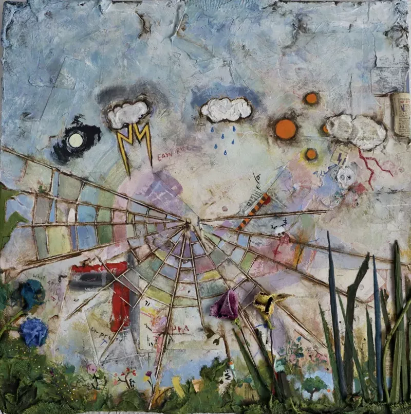 Image: Art depicting a storm and a web of found object collage