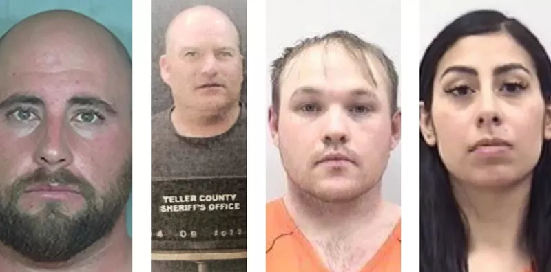 Image: (From right) Booking photos of former Weld County Sheriff's Deputy John Maedel, ex-Teller County Sheriff's Deputy Mark Bisset, and Colorado Springs Police officers Shane Reed and Stephanie Landreneau.