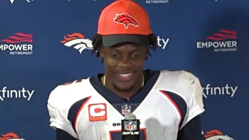 Image: Teddy Bridgewater cracks a smile during an interview following the Broncos' week one win over the New York Giants.
