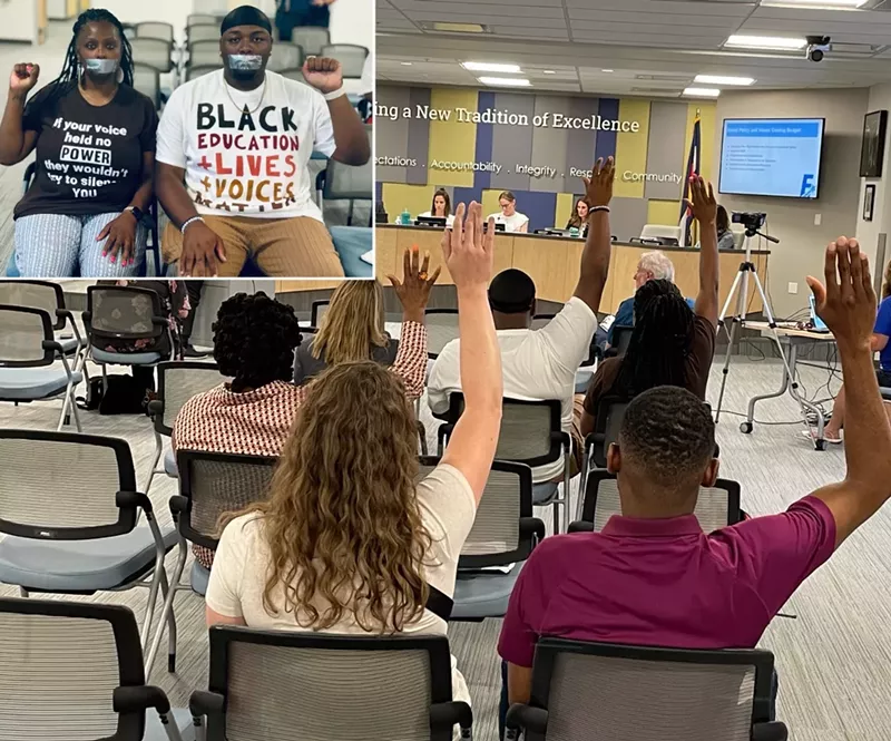 Image: A photo collage showing people with their mouths taped and people raising their hands.