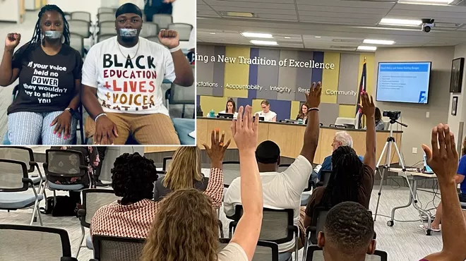 A photo collage showing people with their mouths taped and people raising their hands.