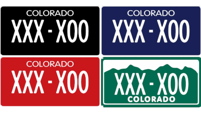Image: four colorado license plates in different colors