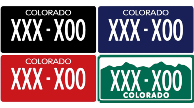 four colorado license plates in different colors