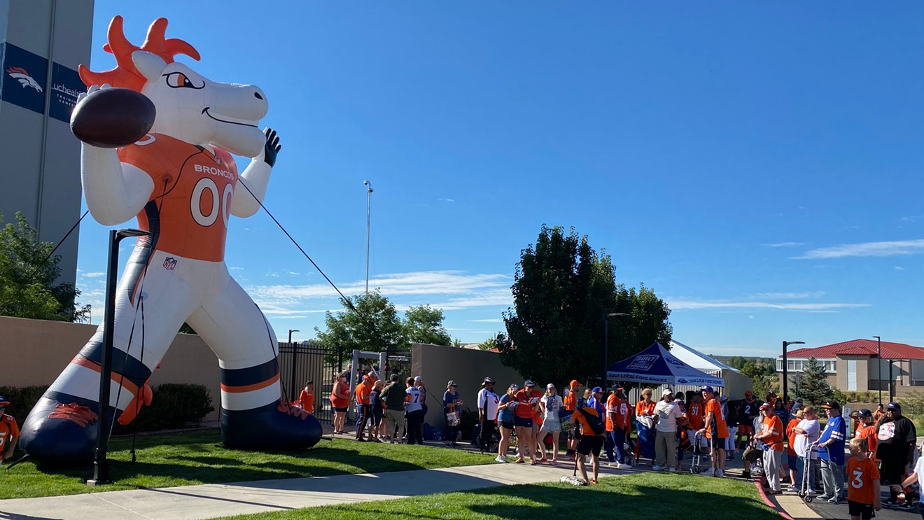 An inflatable version of the Broncos mascot Miles had the best view of training camp on Saturday, July 30.
