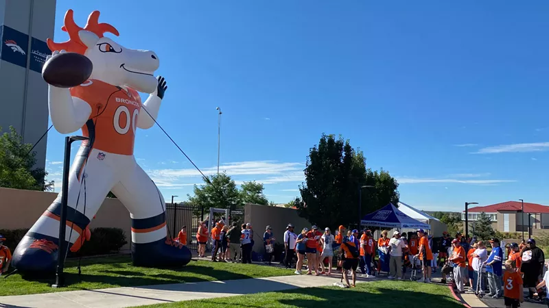 Image: An inflatable version of the Broncos mascot Miles had the best view of training camp on Saturday, July 30.