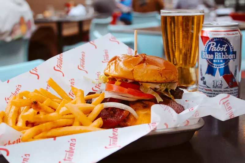 Image: burger, fries and a beer