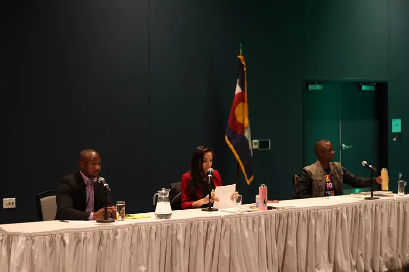 Image: The candidates at the Denver City Council District 9 debate February 7, from left: Kwon Atlas, Candi CdeBaca and Darrell Watson.