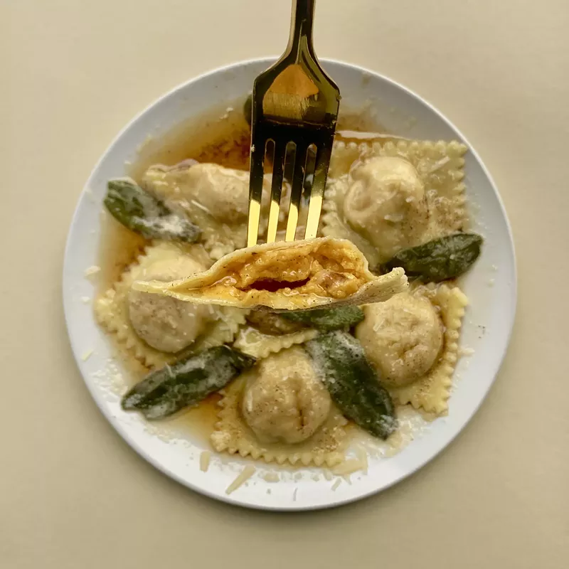 Image: The seasonal butternut squash ravioli pair well with Casa Crobu's brown butter and sage sauce.