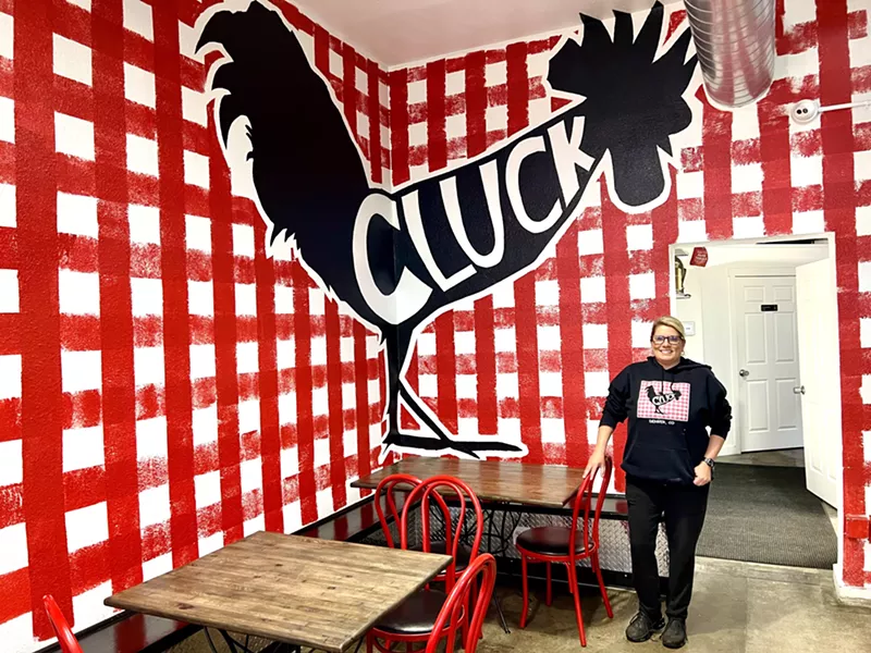 Image: The chicken mural at Cluck Chicken was hand painted by local tattoo artists from a shop nearby on Broadway.