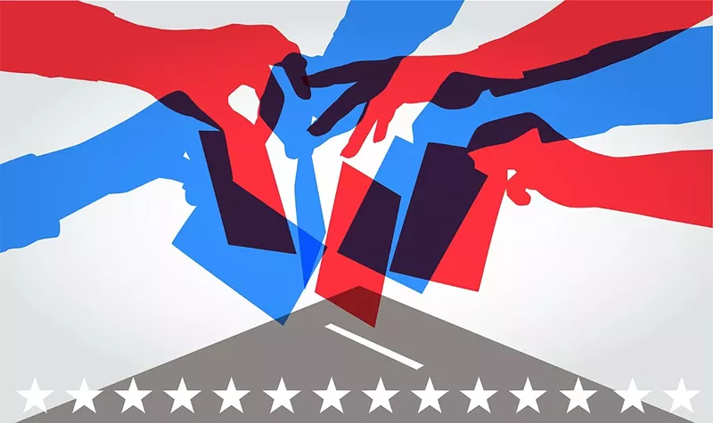 Image: An illustration of blue and red hands putting ballots inside of a ballot box.