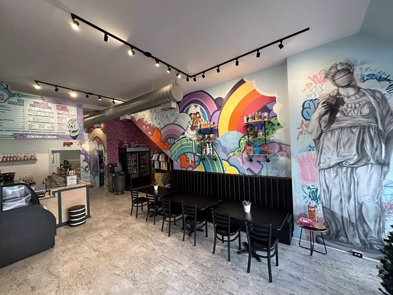 Image: interior of an ice cream shop with colorful murals