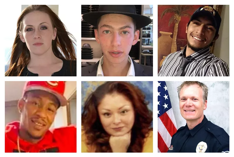 Image: Clockwise from upper left: Jessica Vernon, Shmuel Silverberg, Jose Ibarra, Officer Gordon Beesley, Neomi Tafoya and David Hill Lovelace died by gun in 2021.