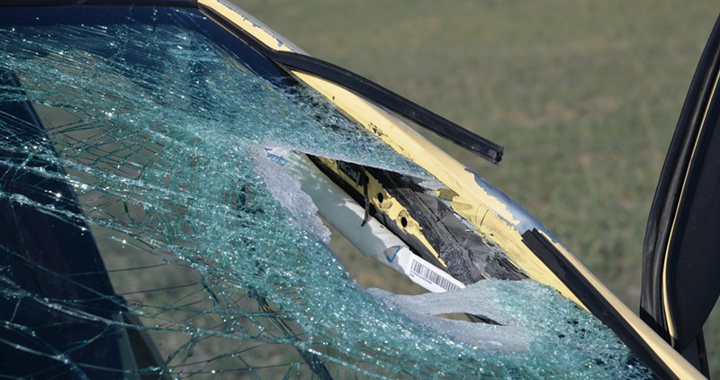 Alexa Bartell's smashed windshield after she was allegedly targeted by Kwak, Karol-Chik and Koenig on April 19, 2023.