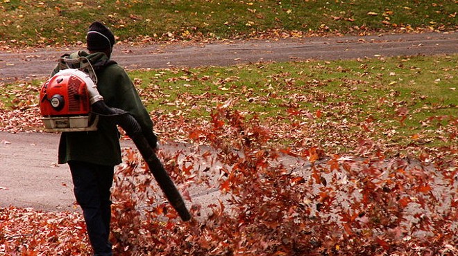 Landscaper using a leaf blower to disturb fall leaves