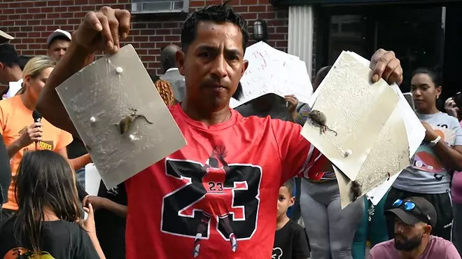 A man holds up rats.