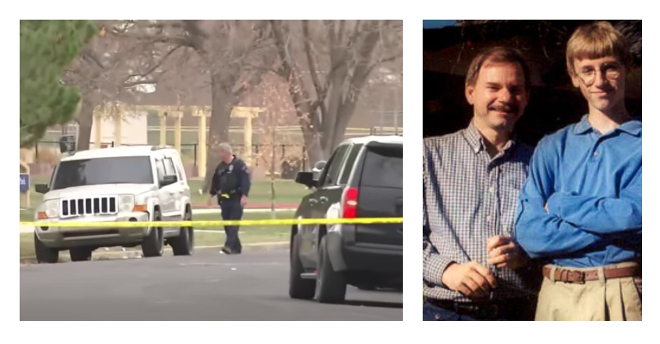 Police near Aurora Central High School after the November 15 shooting at Nome Park and a photo of Tom Mauser with his late son, Daniel Mauser.