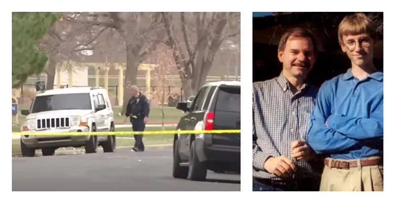 Image: Police near Aurora Central High School after the November 15 shooting at Nome Park and a photo of Tom Mauser with his late son, Daniel Mauser.