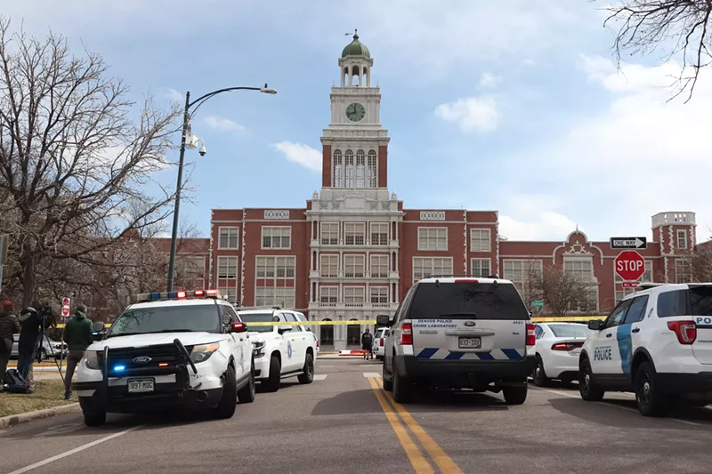 Image: Denver East High School after Wednesday''s shooting.
