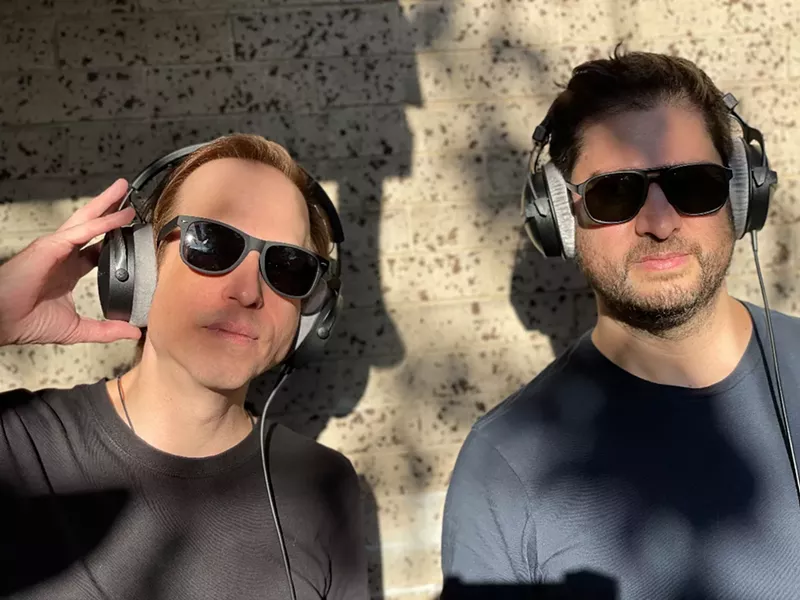 Image: Paul DeMarte, left, and Mike Genova, right, talk about unknown movies for their Denver podcast, Rabbit Troop Sucks.