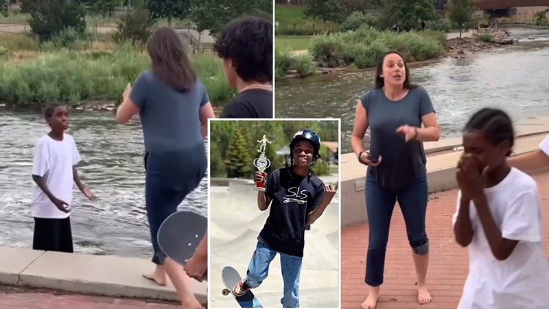Image: Collage of viral skateboard incident in Denver