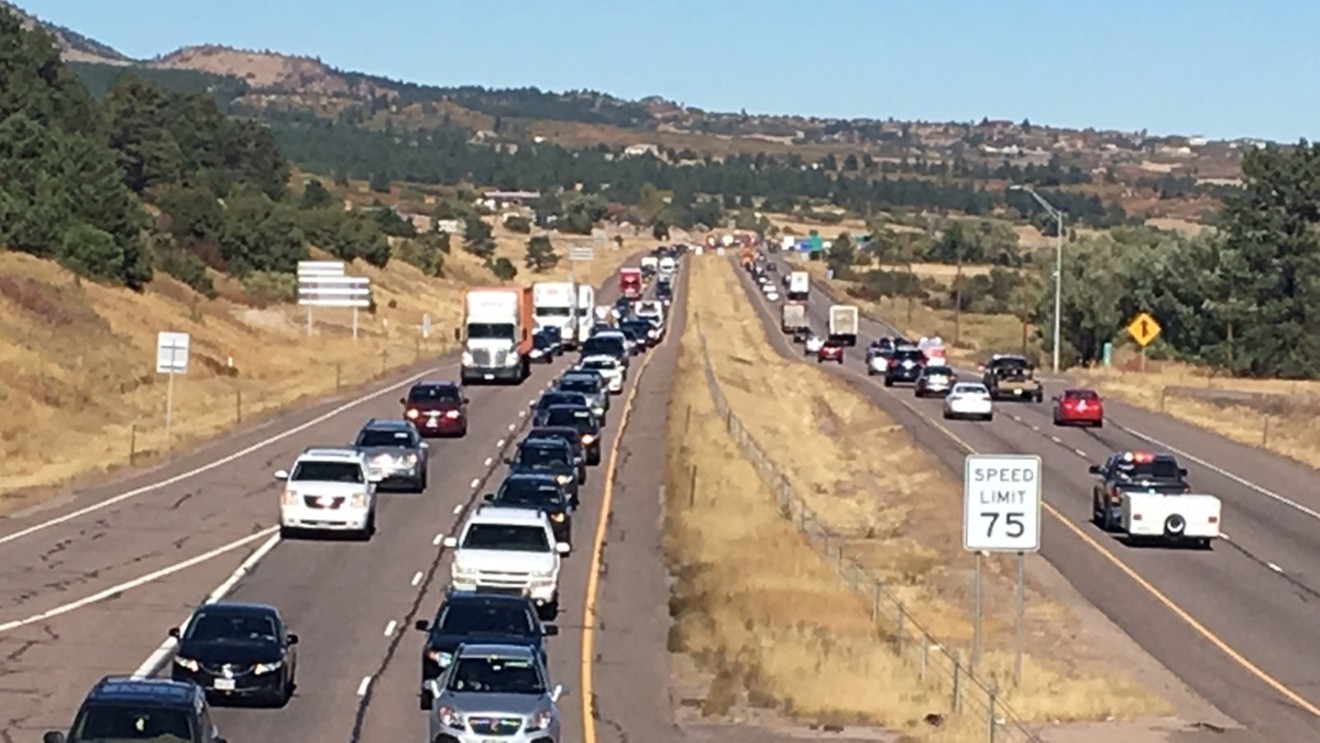 Jammed traffic on a stretch of Interstate 25.
