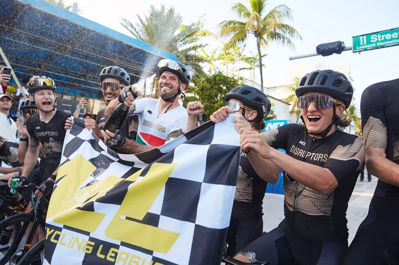 Image: The Denver Disruptors celebrating a team win together in Miami.