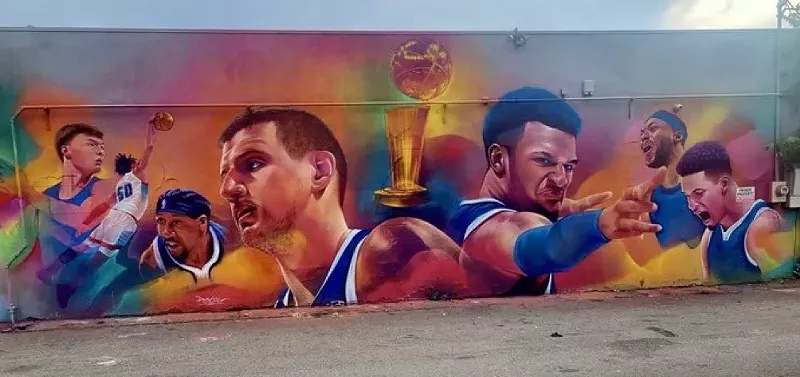 Image: Detour's colorful mural of Denver Nuggets players, including Nikola Jokic and Jamal Murray.