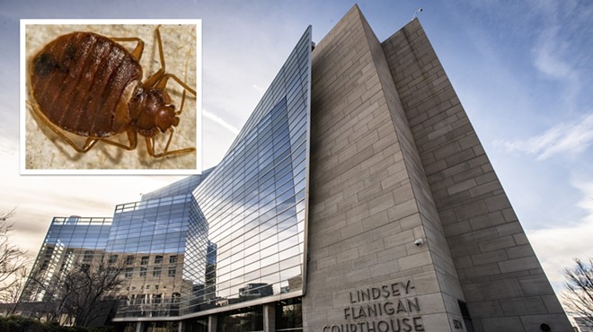 The exterior of the Lindsey-Flanigan Courthouse with an enlarged photo of a bedbug ontop.