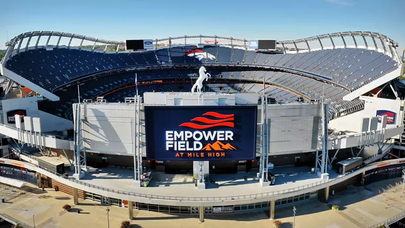 Image: aerial view of Empower Field in Denver