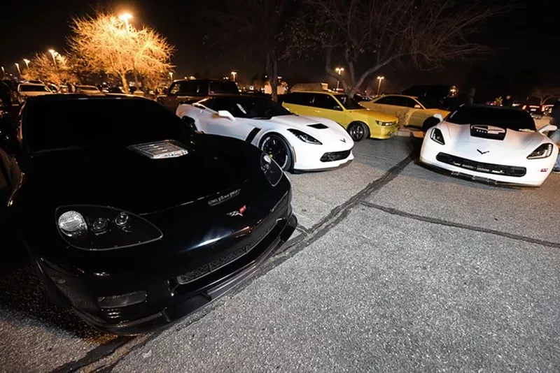 Image: Corvettes and sports cars at a parking lot car gathering