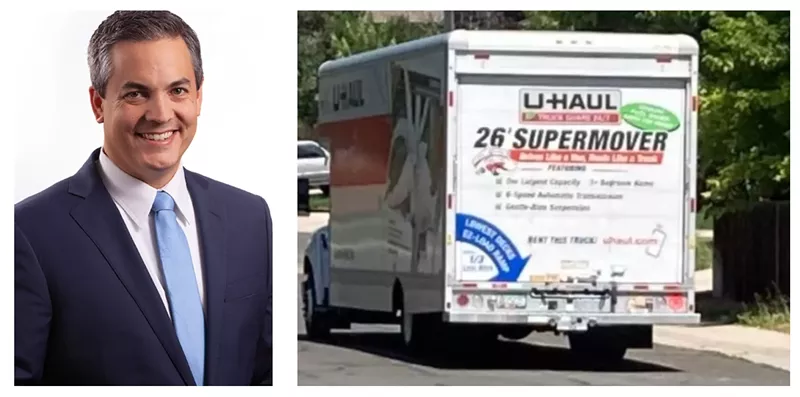 Image: A portrait of Keagan Harsha and a photo of the stolen U-Haul shared by the Arapahoe County Sheriff's Office.