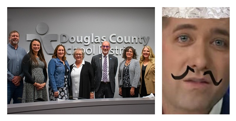 The seven current members of the Douglas County school board and the profile photo from Not Kyle Clark, a parody Twitter account.