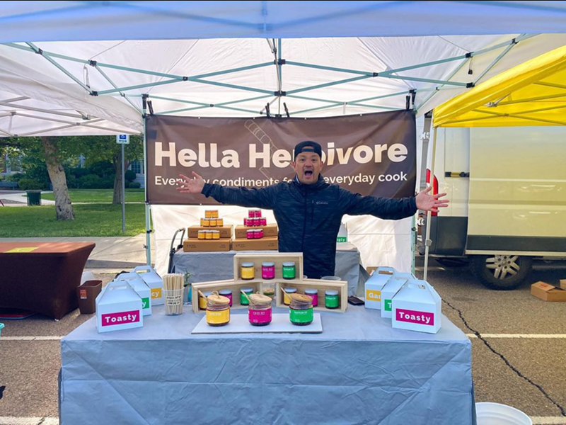 Kris Carino started selling his small-batch Hella Herbivore chili condiments during the pandemic in 2020.