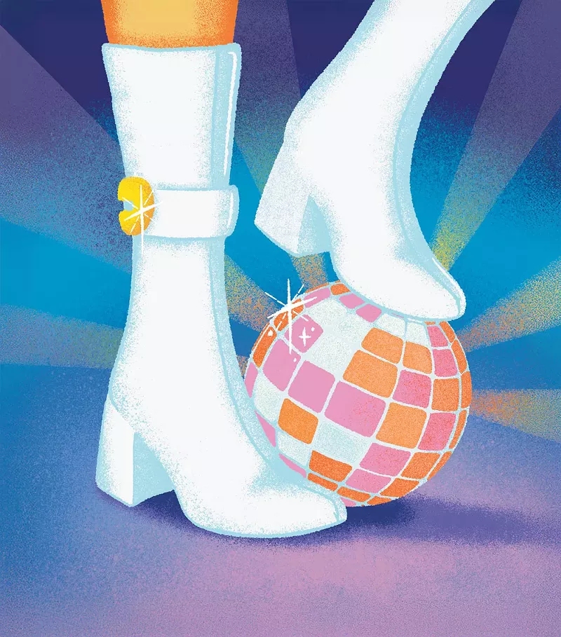 Image: A pair of go-go boots and a disco ball