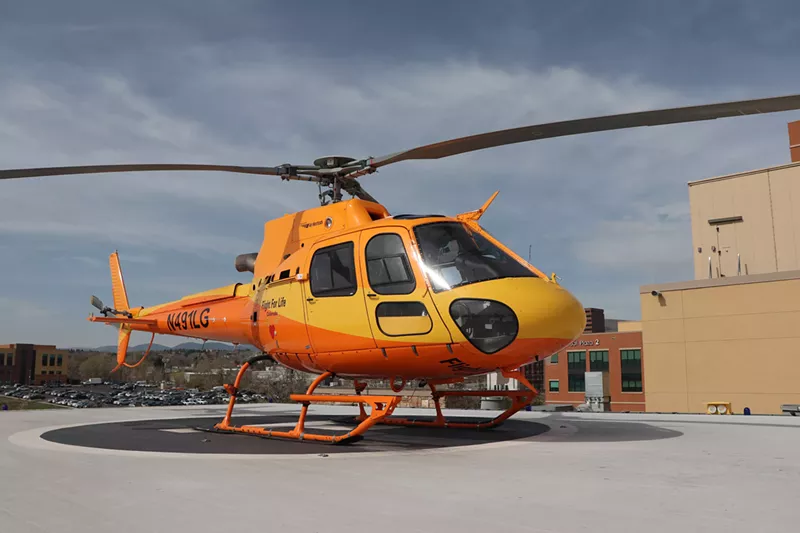 Image: Flight for Life's "Lifeguard 1" at the St. Anthony's Hospital helicopter pad in Lakewood.