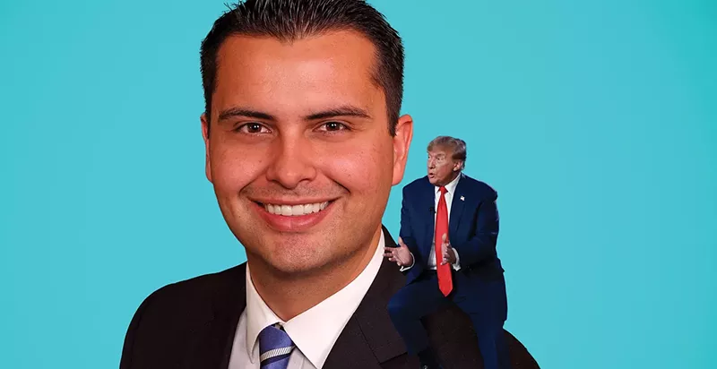 Image: Dave Williams with a small Donald Trump sitting on his shoulder.