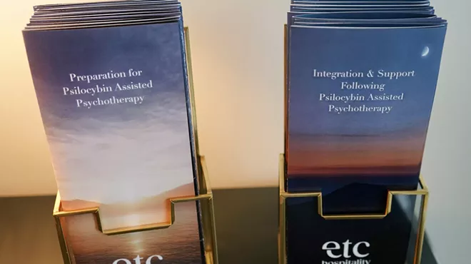 Pamphlets on preparation and integration — the before and after of psychedelic therapy — on display at Etc Hospitality