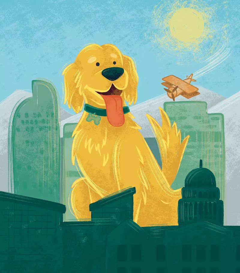 Image: illustration of dog and denver skyline