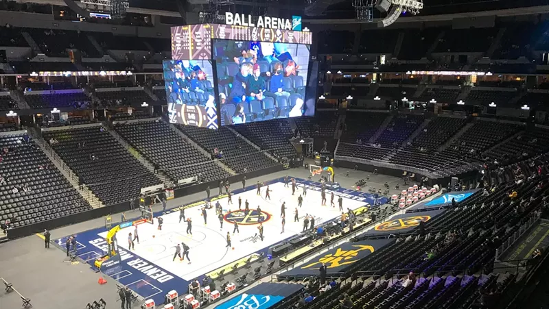 Image: A look at Ball Arena prior to the start of a Denver Nuggets game in April.