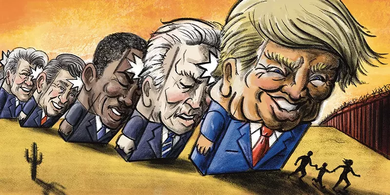 Image: a series of presidents-as-dominos — from bill clinton to george bush to barack obama to joe biden — knock into each other, pushing a trump domino onto a small family in the desert