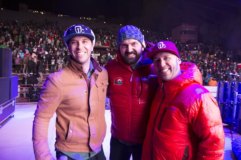 Image: Winter on the Rocks founder and director Sam Warren (left) with Luis Benitez (who was the director for the Colorado Outdoor Recreation Industry Office at the time) and Icelantic Skis founder Ben Anderson in 2018.