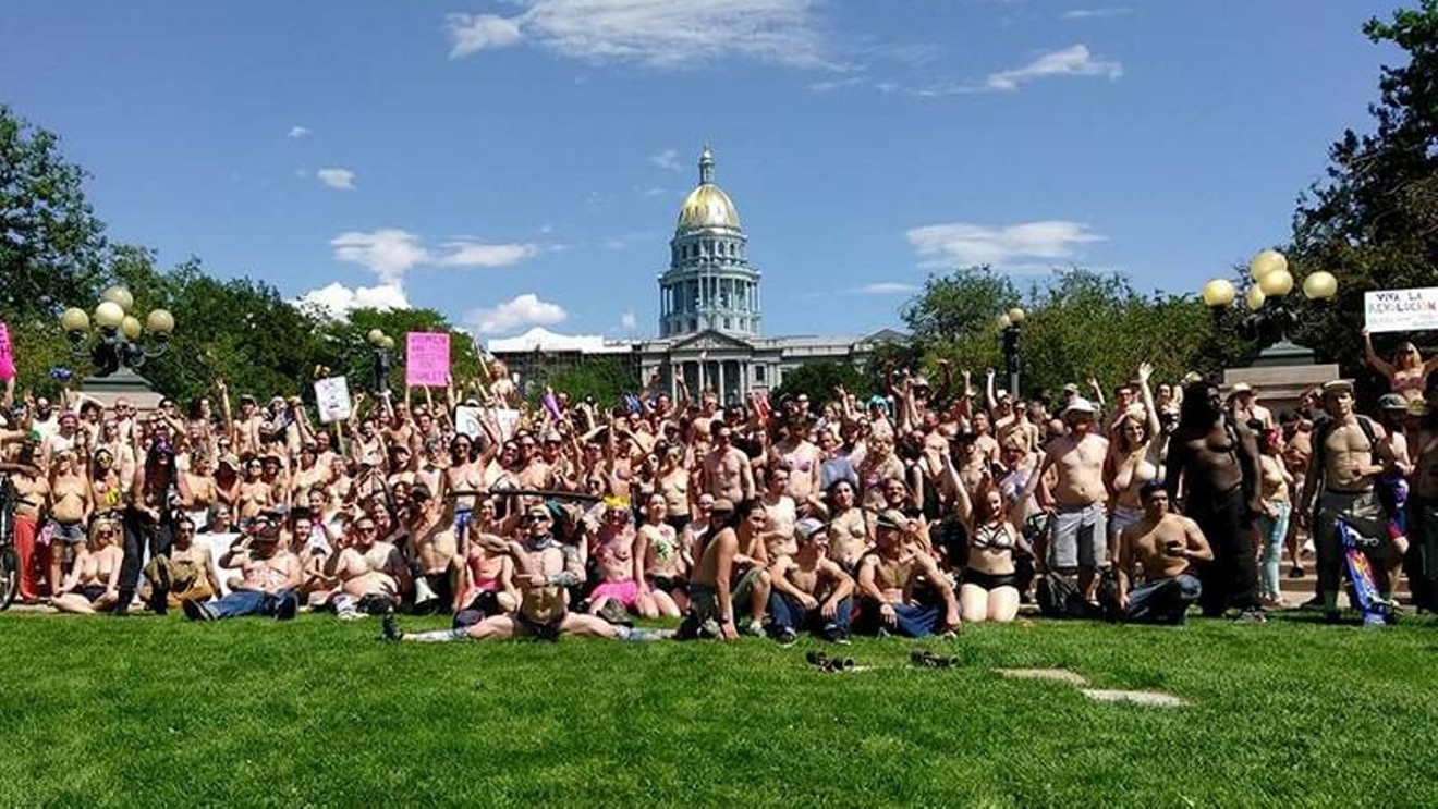 A group photo outside the State Capitol on a previous Denver GoTopless Day.